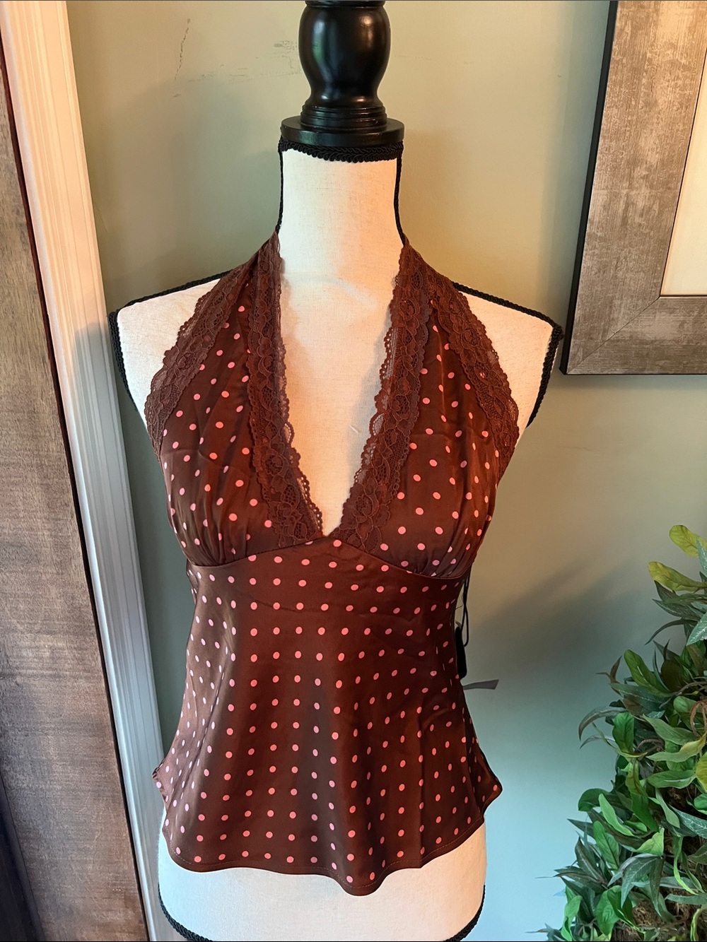 Sans Souci Brown Halter Camisole with Pink Polka Dots